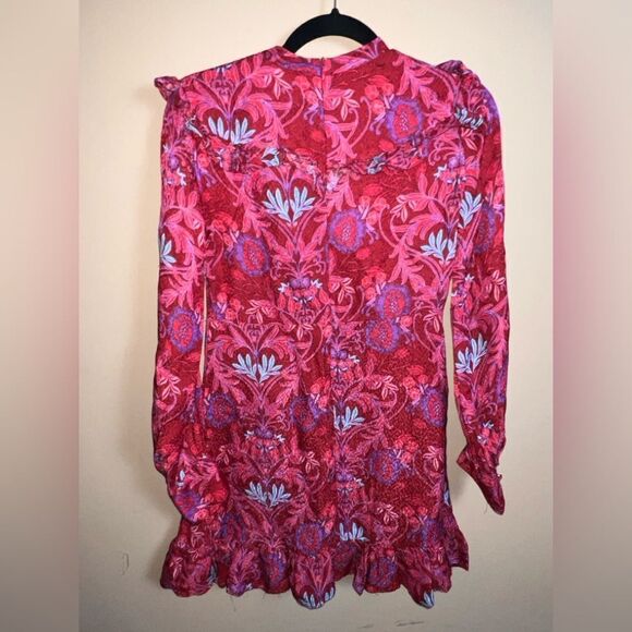 Zara Alexis Rose Mulberry Red Paisley Print Ruffle Peasant Mini Dress Size XS - Picture 5 of 11